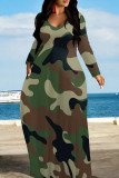 Green Casual Camouflage Print Patchwork O Neck Long Dresses