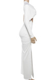 White Sexy Solid Color Hollow Out Patchwork High Slit O Neck Long Dresses
