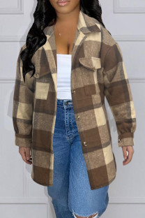 Dark Brown Casual Plaid Pocket Buckle Patchwork Turndown Collar Outerwear