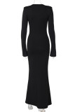 Black Elegant Solid Color Patchwork Ruched O Neck Long Dresses