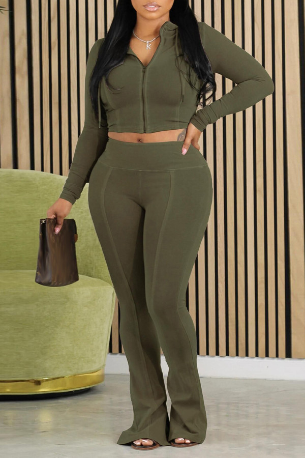 Green Casual Solid Color Lace Up Patchwork Zipper Zipper Collar Long Sleeve Two Pieces