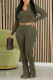 Green Casual Solid Color Lace Up Patchwork Zipper Zipper Collar Long Sleeve Two Pieces