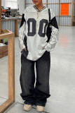 Grey Casual Letters Patchwork Contrast V Neck T-Shirts