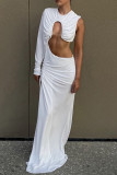 White Sexy Solid Color Hollow Out Patchwork High Slit O Neck Long Dresses