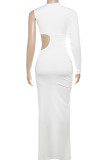 White Sexy Solid Color Hollow Out Patchwork High Slit O Neck Long Dresses