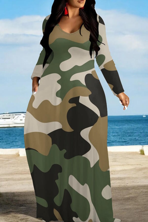White Green Casual Camouflage Print Patchwork O Neck Long Dresses