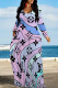Blue Pink Elegant Ombre Print Letters Pocket Contrast V Neck Printed Dresses