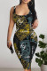 Yellow Black Sexy Lips Print Letters Contrast U Neck Printed Dresses