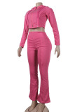 Pink Casual Solid Color Lace Up Patchwork Zipper Zipper Collar Long Sleeve Two Pieces