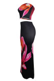 Black Sexy Print Patchwork Backless Strapless Sleeveless Two Pieces
