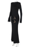 Black Elegant Solid Color Patchwork Ruched O Neck Long Dresses