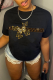 Black Casual Butterfly Letter Print O Neck T-Shirts