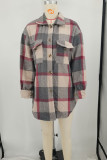 Rose Red Casual Plaid Pocket Buckle Patchwork Turndown Collar Outerwear