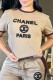 Khaki Casual Letters Patchwork Contrast O Neck Short Sleeve Two Pieces