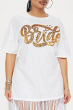 White Casual Letters Fringed Trim Sequins Patchwork O Neck Straight Dresses