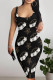 Black And White Sexy Lips Print Letters Contrast U Neck Printed Dresses