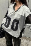 Grey Casual Letters Patchwork Contrast V Neck T-Shirts