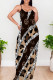 Dark Brown Sexy Print Patchwork Backless Spaghetti Strap Sling Dresses