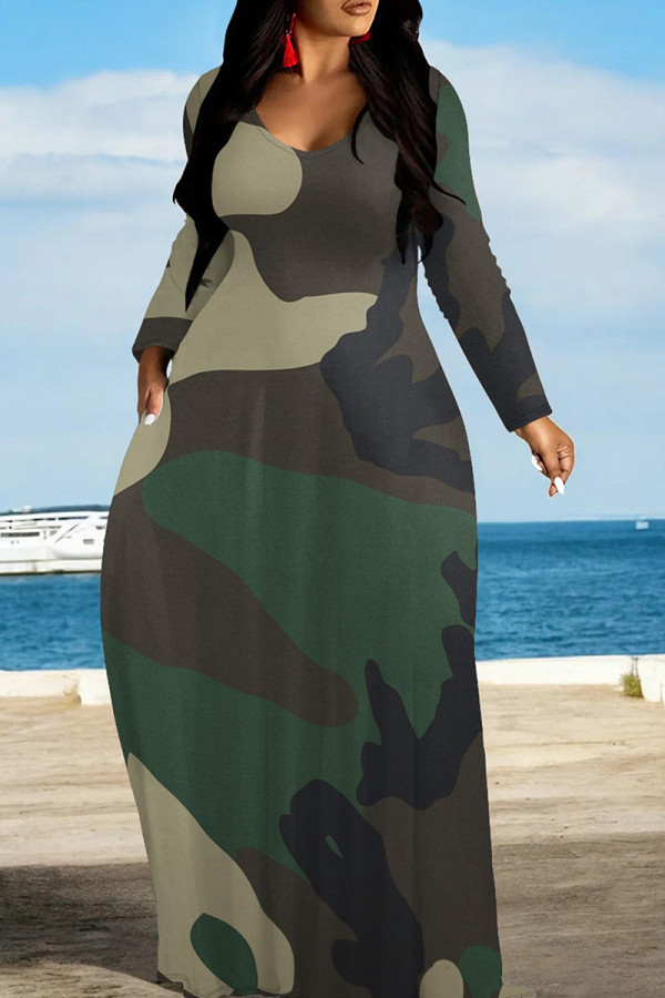 Black Green Casual Camouflage Print Patchwork O Neck Long Dresses