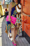 Black Casual Colorblock Floral Print Contrast O Neck Irregular Plus Size Dresses
