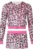 Pink Casual Leopard Print Draw String Pocket Patchwork Zipper Zipper Collar Long Sleeve Two Pieces