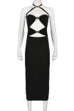 Black Sexy Solid Color Hollow Out Patchwork Backless Halter Long Dresses