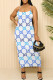 Blue White Sexy Letter Print Contrast U Neck Printed Dresses