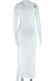 White Elegant Solid Color Patchwork Backless Ruched Oblique Collar Long Dresses