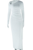 White Elegant Solid Color Patchwork Backless Ruched Oblique Collar Long Dresses