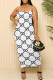 White Sexy Letter Print Contrast U Neck Printed Dresses