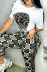 Black Casual Print Basic O Neck Short Sleeve Two Pieces