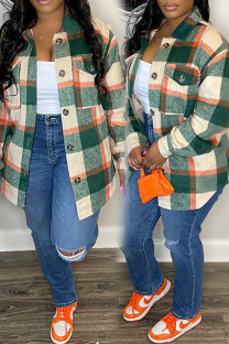 Green Casual Plaid Pocket Buckle Patchwork Turndown Collar Outerwear