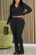 Black Casual Solid Color Lace Up Patchwork Zipper Zipper Collar Long Sleeve Two Pieces