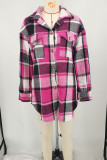 Rose Red Casual Plaid Pocket Buckle Patchwork Turndown Collar Outerwear