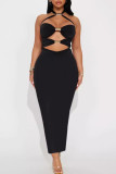 Black Sexy Solid Color Hollow Out Patchwork Backless Halter Long Dresses