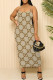 Khaki Sexy Letter Print Contrast U Neck Printed Dresses