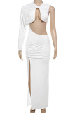 White Sexy Solid Color Hollow Out Patchwork High Slit O Neck Long Dresses