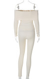 Apricot Casual Solid Color Patchwork Backless Off Shoulder Long Sleeve Two Pieces