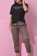 Black Casual Print Basic O Neck Short Sleeve Two Pieces