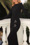 Black Elegant Solid Color Patchwork Ruched O Neck Long Dresses