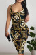 Golden Blue Sexy Lips Print Letters Contrast U Neck Printed Dresses