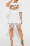 White Casual Letters Fringed Trim Sequins Patchwork O Neck Straight Dresses