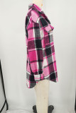 Rose Red Casual Plaid Pocket Buckle Patchwork Turndown Collar Outerwear