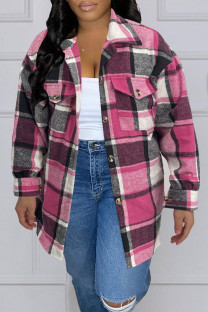 Rose Red Casual Plaid Pocket Buckle Patchwork Turndown Collar Outerwear