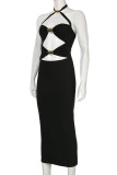 Black Sexy Solid Color Hollow Out Patchwork Backless Halter Long Dresses