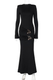 Black Elegant Solid Color Patchwork Ruched O Neck Long Dresses