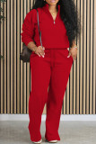 Red Casual Solid Color Draw String Pocket Patchwork Zipper Zipper Collar Long Sleeve Two Pieces