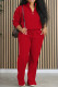 Red Casual Solid Color Draw String Pocket Patchwork Zipper Zipper Collar Long Sleeve Two Pieces