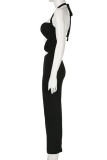 Black Sexy Solid Color Hollow Out Patchwork Backless Halter Long Dresses