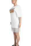 White Casual Letters Fringed Trim Sequins Patchwork O Neck Straight Dresses